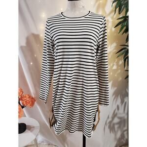 Derek Lam 10 Crosby Striped Cotton Buckle Shift Mini Tunic Dress Size L Buckle